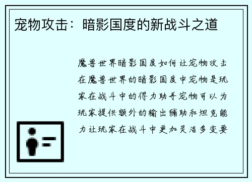 宠物攻击：暗影国度的新战斗之道